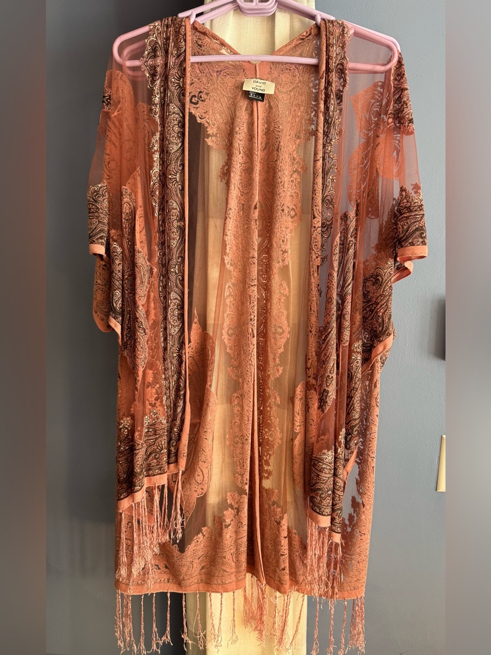 David and Young Rust Paisley Sheer Fringe Kimono